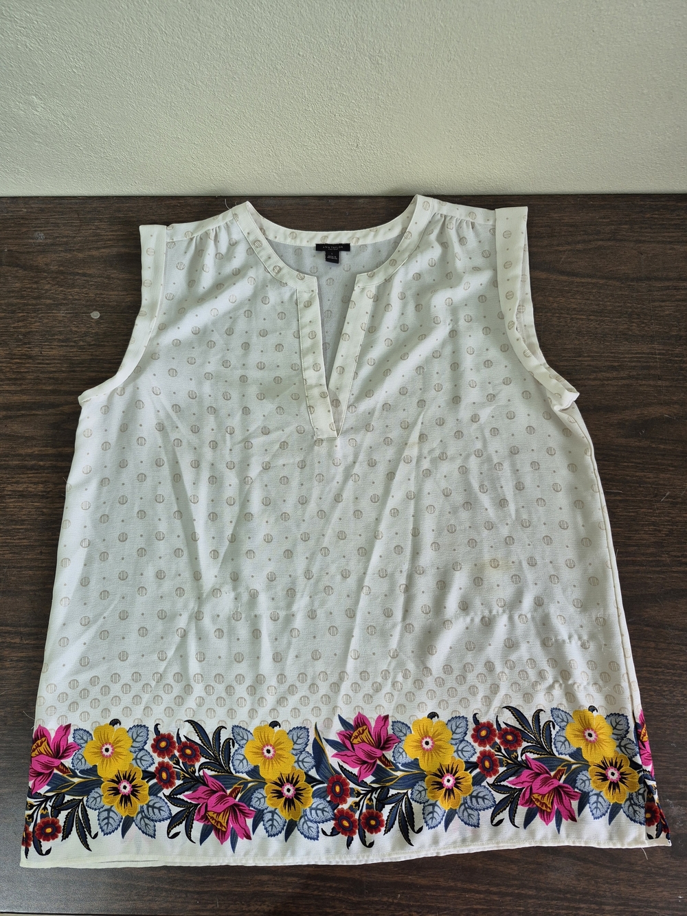 Ann Taylor White Sleeveless Tunic with Pink & Yellow Floral Border